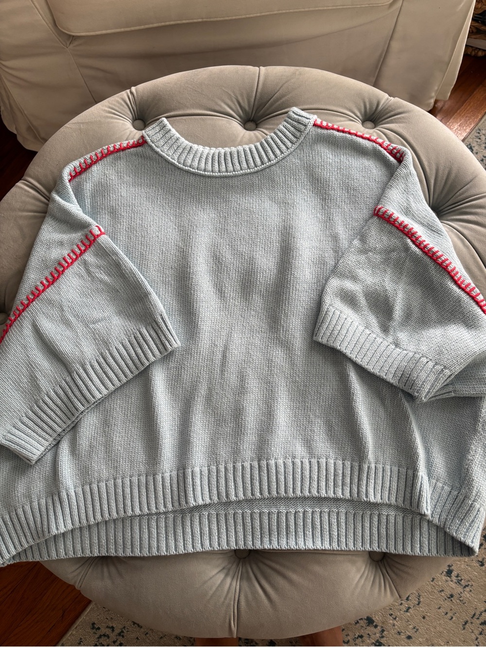 NWT Anthropologie  Blue Short Sleeve Sweater with Red Stitch Detail